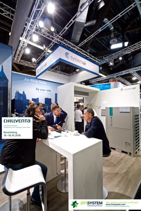 Systemair meeting table beside a VRF outdoor unit, vertical view at Chillventa 2018
