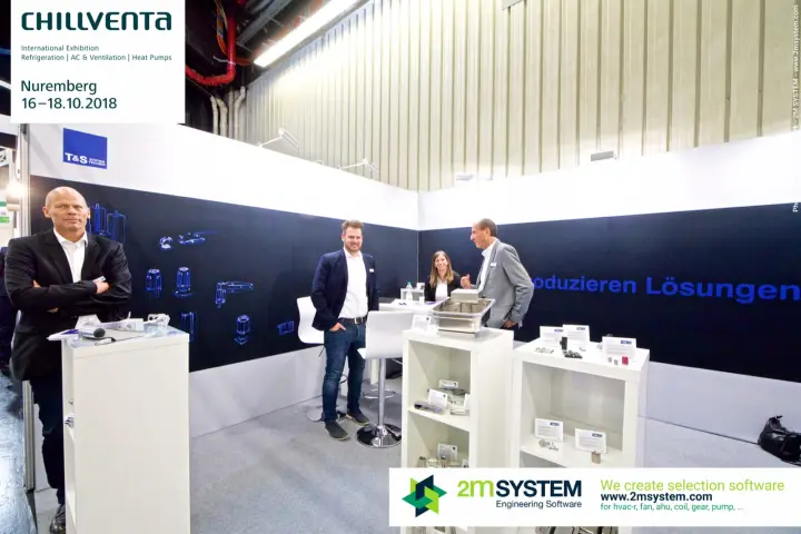 T&S Systemtechnik team at a stand with blue technical line drawings at Chillventa 2018