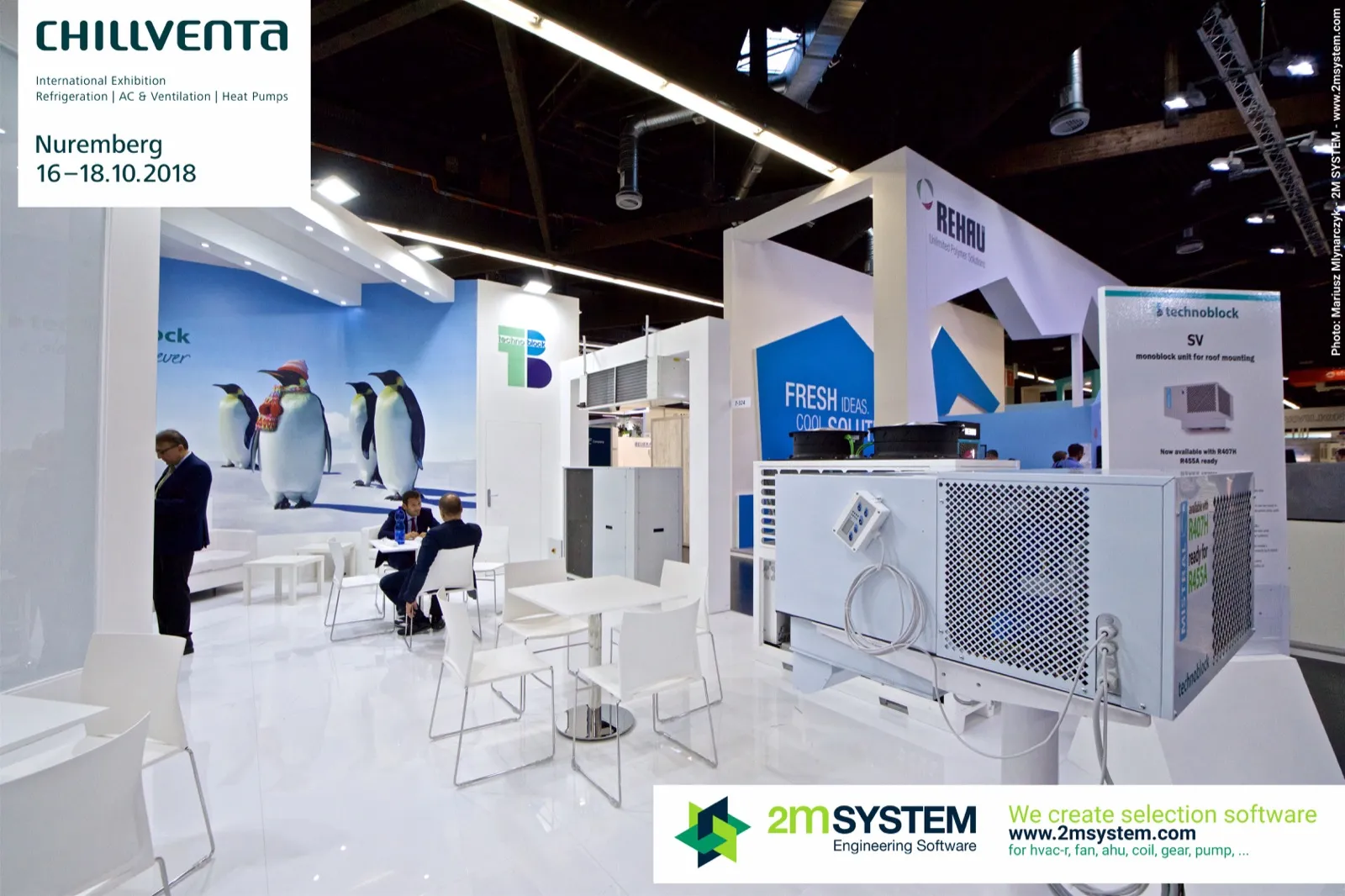 Technoblock SV roof-mounted monoblock unit beside penguin mural at Chillventa 2018