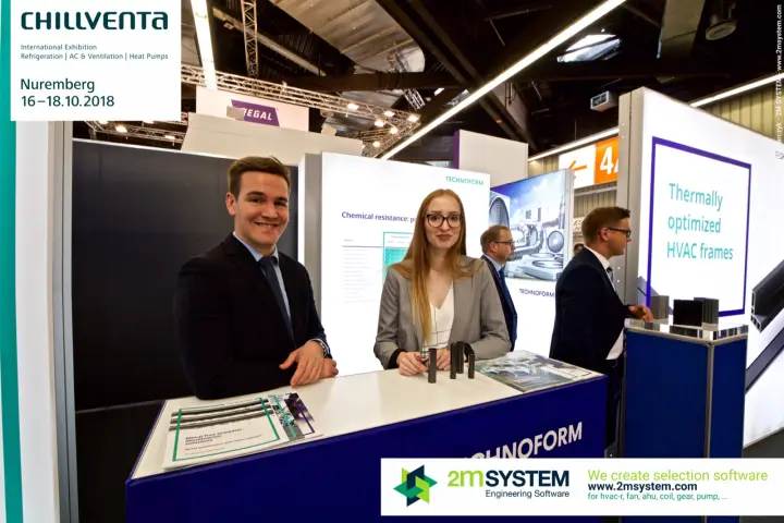 Technoform staff at the blue counter with polymer tube samples at Chillventa 2018