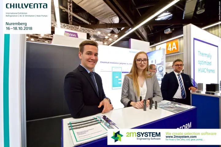 Technoform team portrait in front of the polymer vs. metal chart at Chillventa 2018