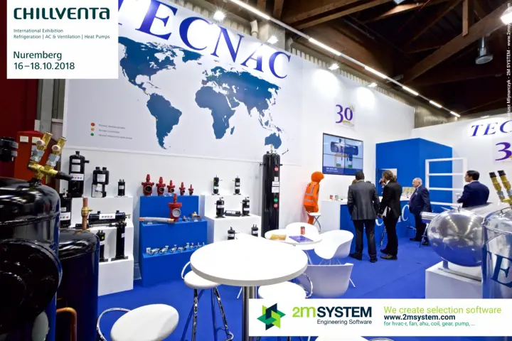 Tecnac stand with refrigerant receivers and separators below a world map at Chillventa 2018