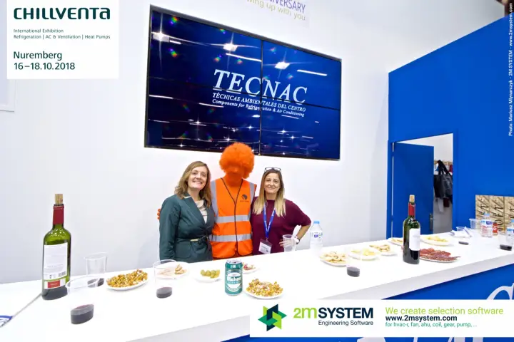 Tecnac team and costumed mascot at the bar counter below the video wall at Chillventa 2018