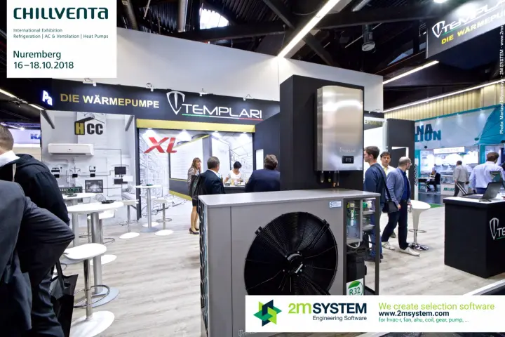 Templari stand overview with R32 heat pump and "DIE WÄRMEPUMPE" fascia at Chillventa 2018