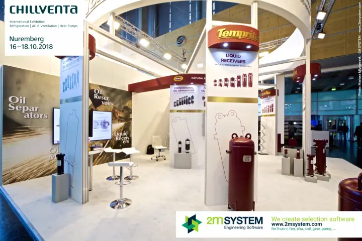 Temprite stand with liquid receivers and oil separator columns at Chillventa 2018