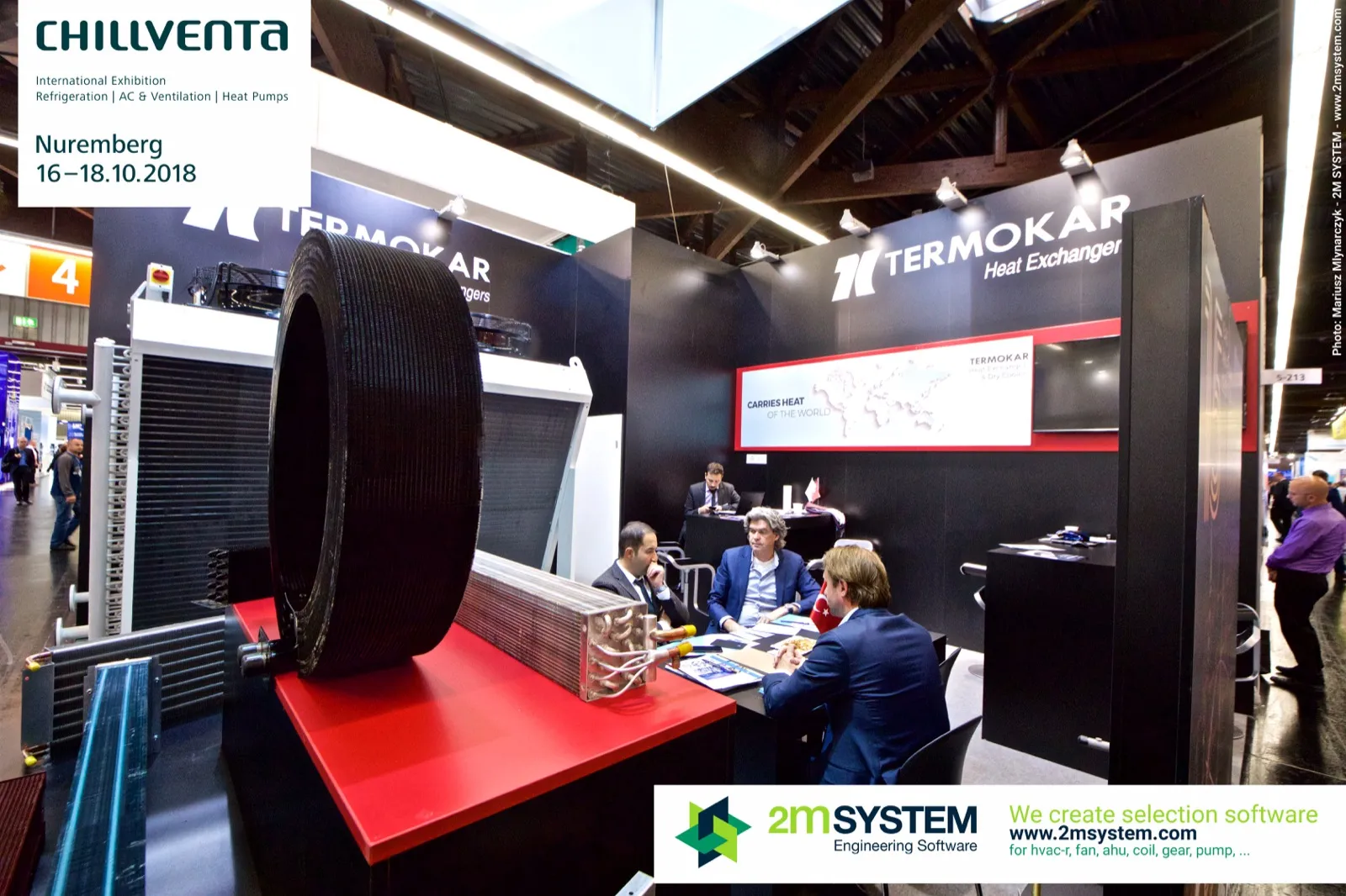 Termokar ring-shaped coil and heat exchanger samples on a red plinth at Chillventa 2018