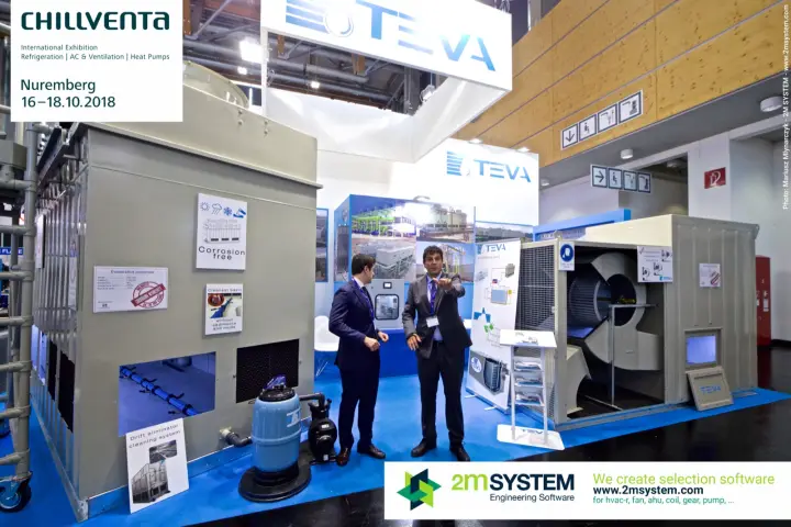 TEVA evaporative condenser and open fan unit with staff talking at Chillventa 2018