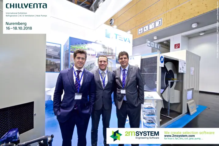 TEVA representatives in front of project photos and a fan unit at Chillventa 2018