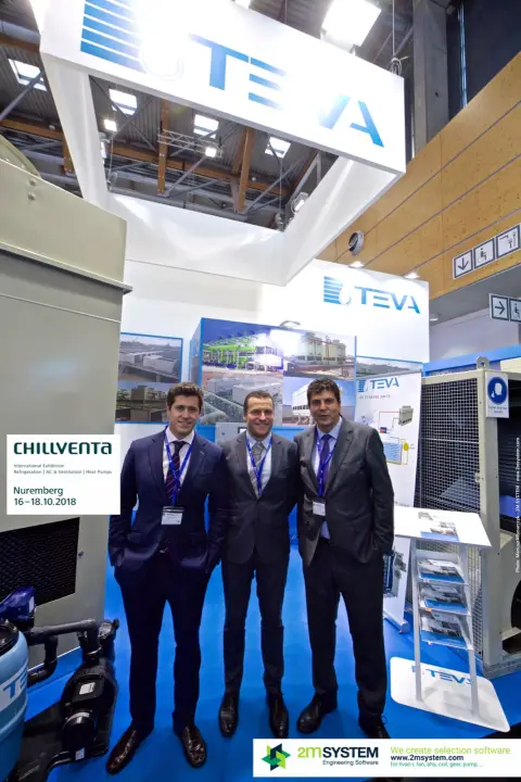 TEVA staff below the overhead logo frame with ice storage banner at Chillventa 2018