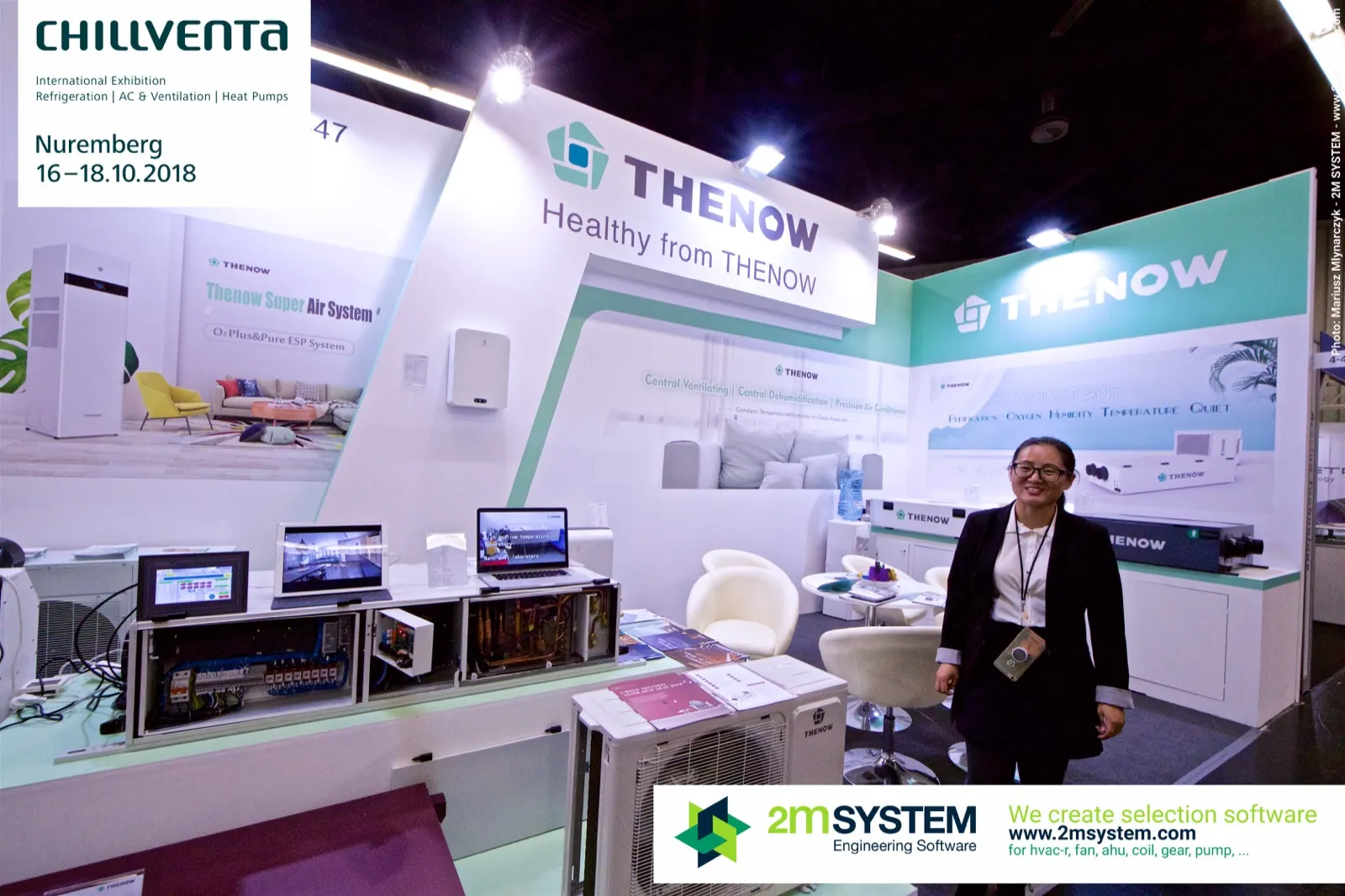 Thenow booth front with outdoor unit, opened control cabinet and staff at Chillventa 2018