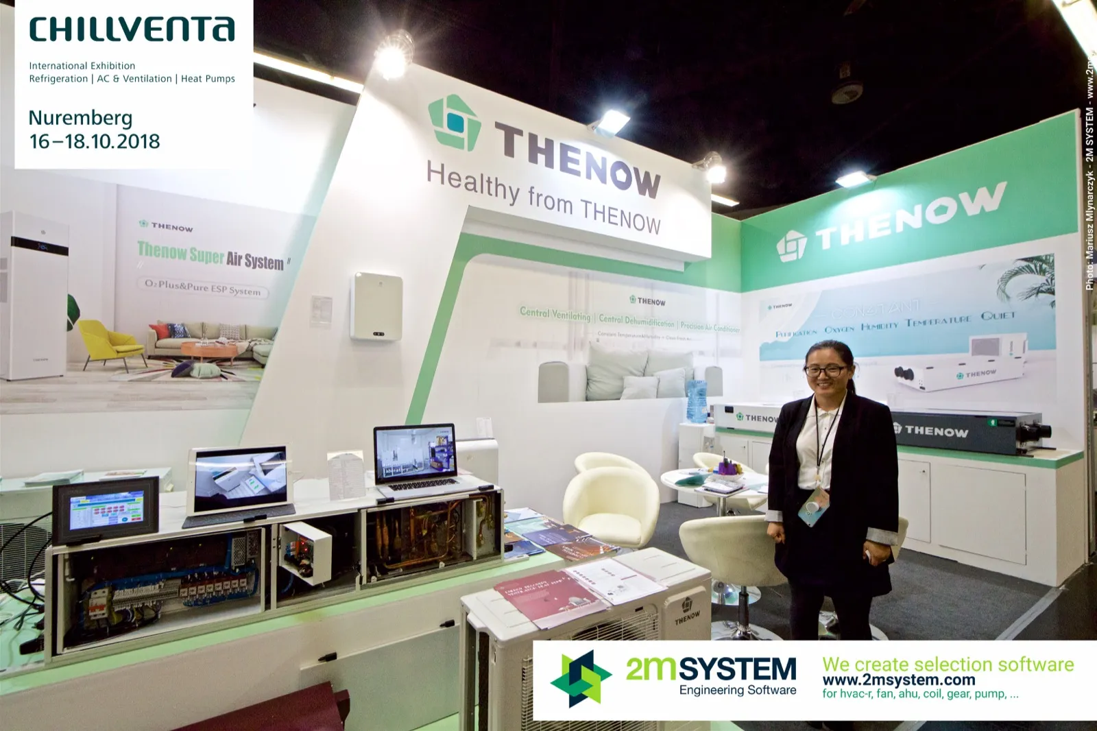 Thenow white-and-green stand with horizontal ventilation units and lounge chairs at Chillventa 2018