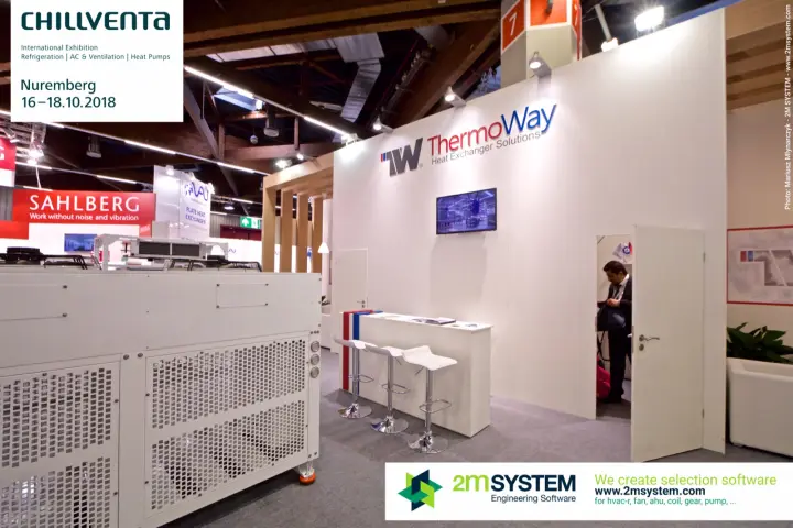 ThermoWay stand wall with logo, screen and white bar stools