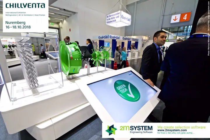 Touchscreen showing the Green Tech logo beside an exploded fan display at Chillventa 2018