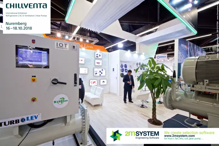 TurboLEV chiller control panel with R1234ze label on the Kirloskar stand