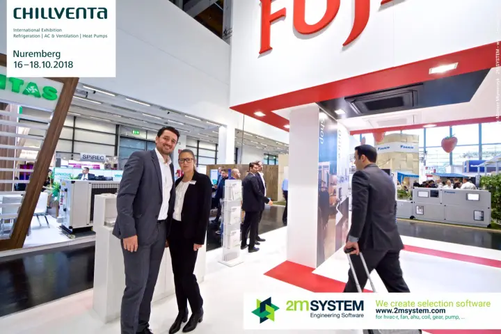 Two Fujitsu stand staff posing by the entrance portal at Chillventa 2018