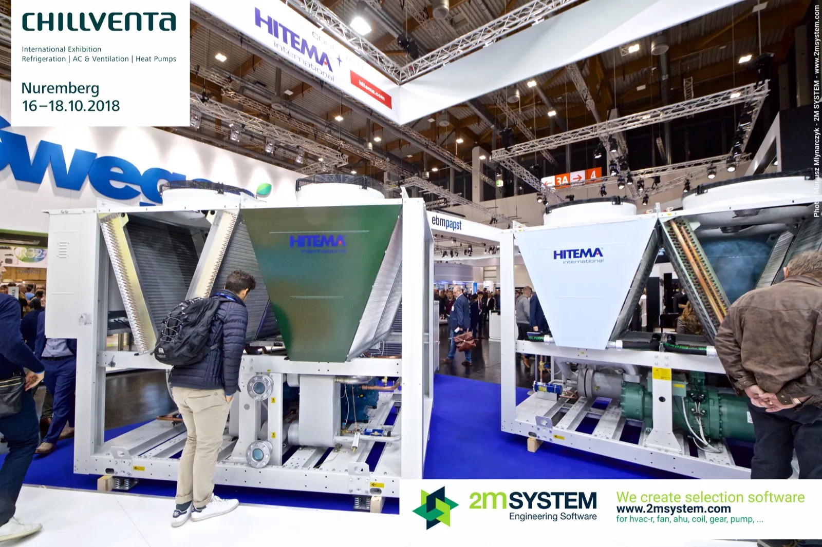 Two Hitema chillers with green and white V-coil panels on show at Chillventa 2018