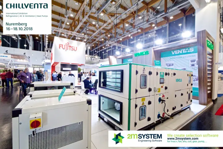 Two-level Ventas air handling unit with green trim and water coil connections at Chillventa 2018