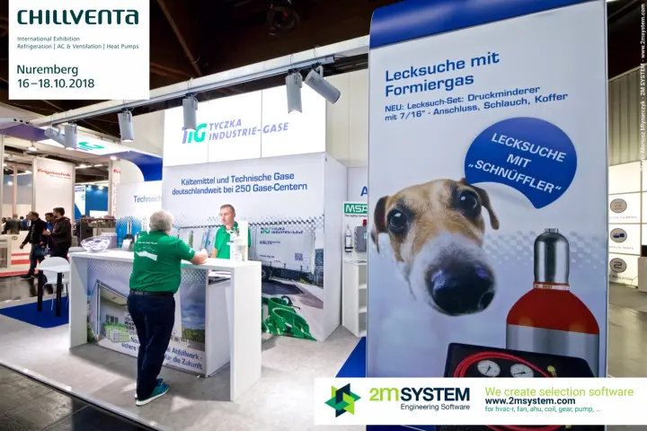 Tyczka Industrie-Gase stand with dog-themed leak detection banner