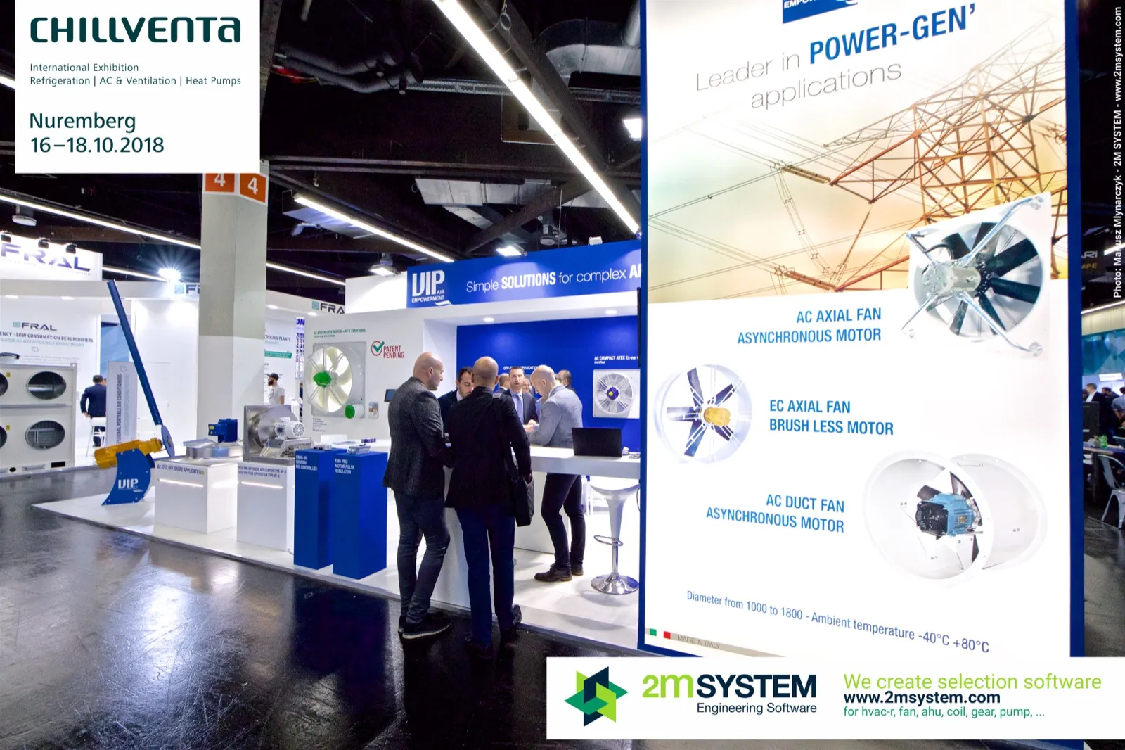 UIP banner on power-generation fans beside the stand counter at Chillventa 2018