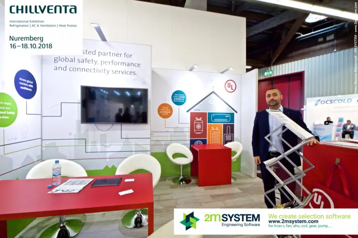 UL stand with wall screen, house graphic and red meeting tables at Chillventa 2018