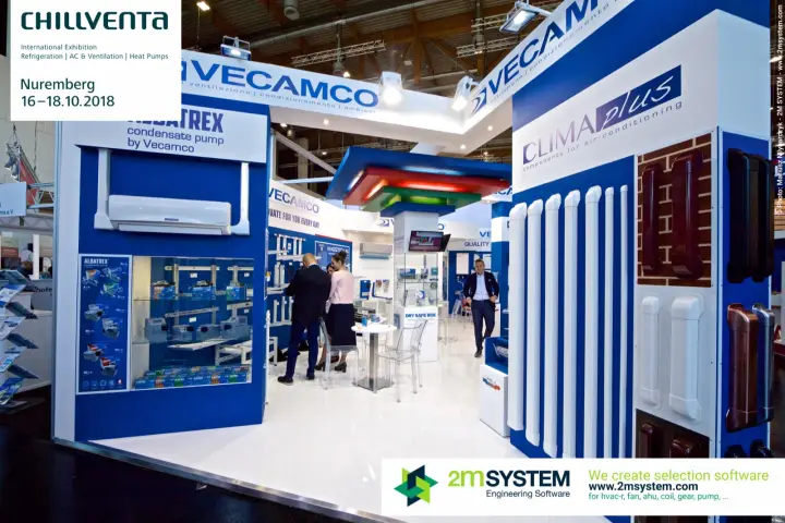 Vecamco stand front with Albatrex condensate pumps and Clima Plus line covers at Chillventa 2018