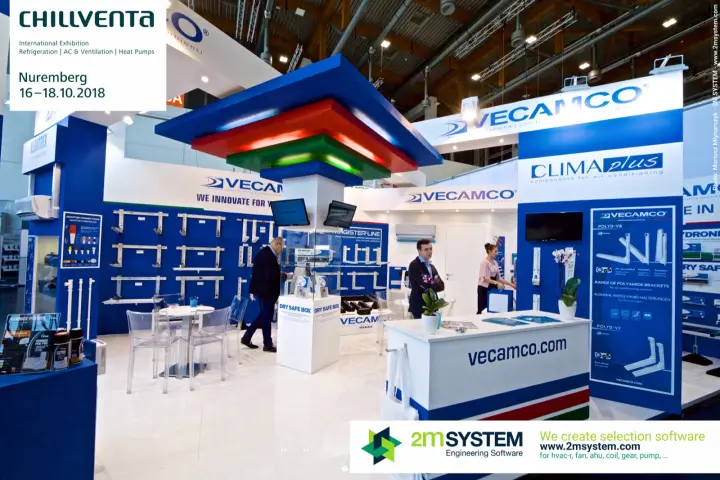 Vecamco stand interior with bracket walls under a tricolour ceiling feature at Chillventa 2018