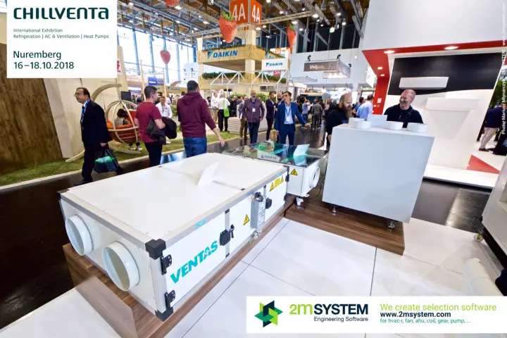 Ventas heat recovery ventilation units on wooden plinths by the aisle at Chillventa 2018