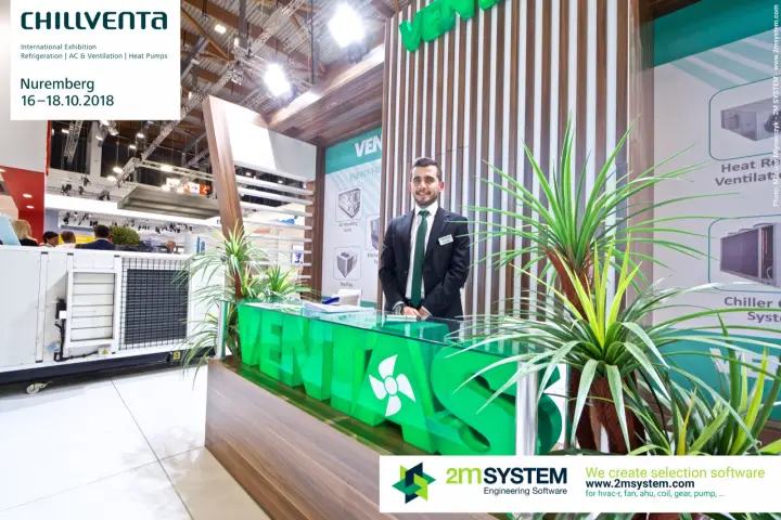 Ventas reception desk made of green 3D letters with a rooftop unit alongside at Chillventa 2018