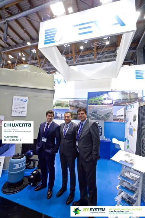 Vertical view of the TEVA stand with suspended logo header at Chillventa 2018