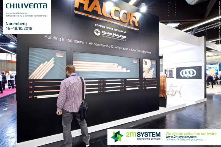 Visitor studying TALOS copper tube samples on the Halcor display wall at Chillventa 2018