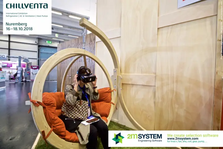 Visitor trying a VR headset in the wooden swing chair at AAF at Chillventa 2018