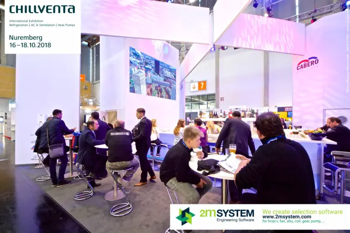 Visitors at the bar and high tables inside the Cabero stand at Chillventa 2018
