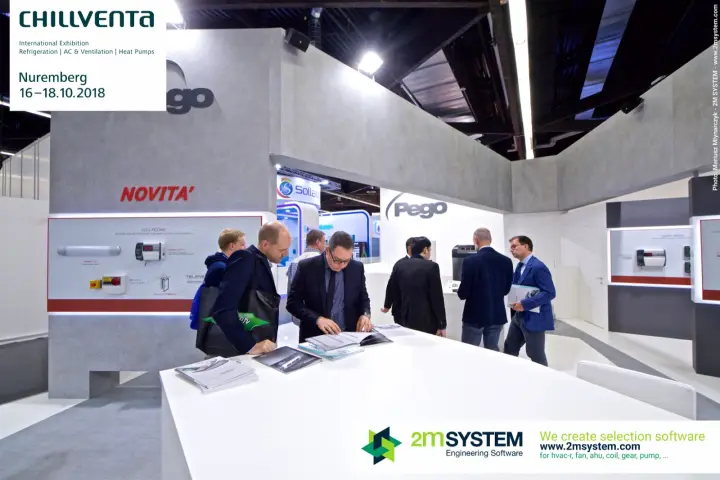 Visitors browsing Pego catalogues beside the cold rooms product panel at Chillventa 2018