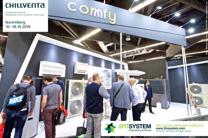 Visitors crowd the Comfy stand with split units and heat pumps