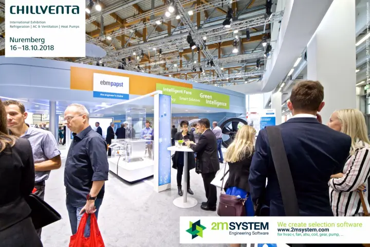 Visitors crowd the ebm-papst stand near the 'Green Intelligence' fascia at Chillventa 2018