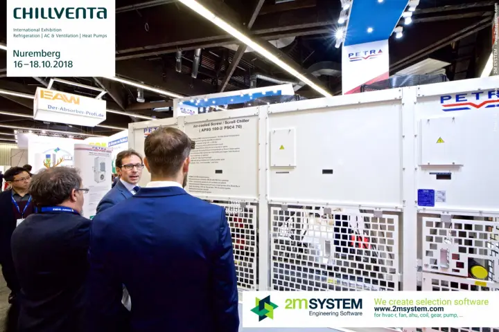 Visitors discuss Petra air-cooled screw/scroll chiller APSG 100-2 at Chillventa 2018