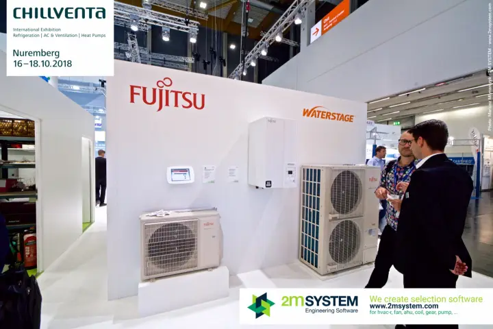 Visitors discussing Fujitsu Waterstage heat pump outdoor units at Chillventa 2018