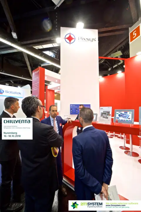 Visitors in discussion beside a Pixsys tower and HMI panel display at Chillventa 2018