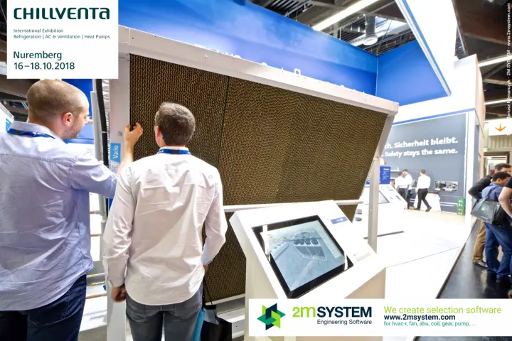 Visitors examine adiabatic cooling pads next to a touchscreen kiosk at Chillventa 2018