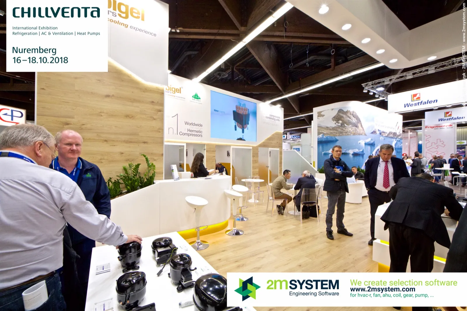 Visitors examine Cubigel compressors at the stand's corner counter at Chillventa 2018