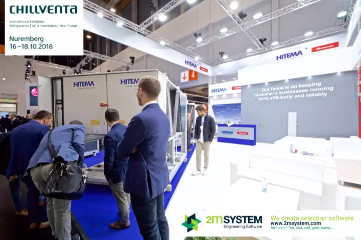 Visitors examining large Hitema chillers next to the white lounge at Chillventa 2018