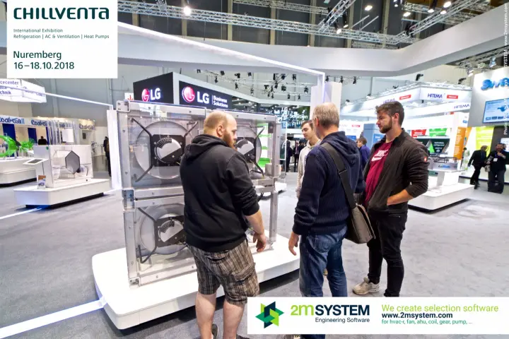 Visitors examining a stacked fan array in a transparent frame at Chillventa 2018