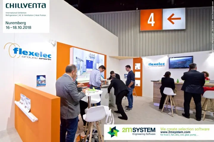 Visitors at Flexelec high tables and reception counter at Chillventa 2018