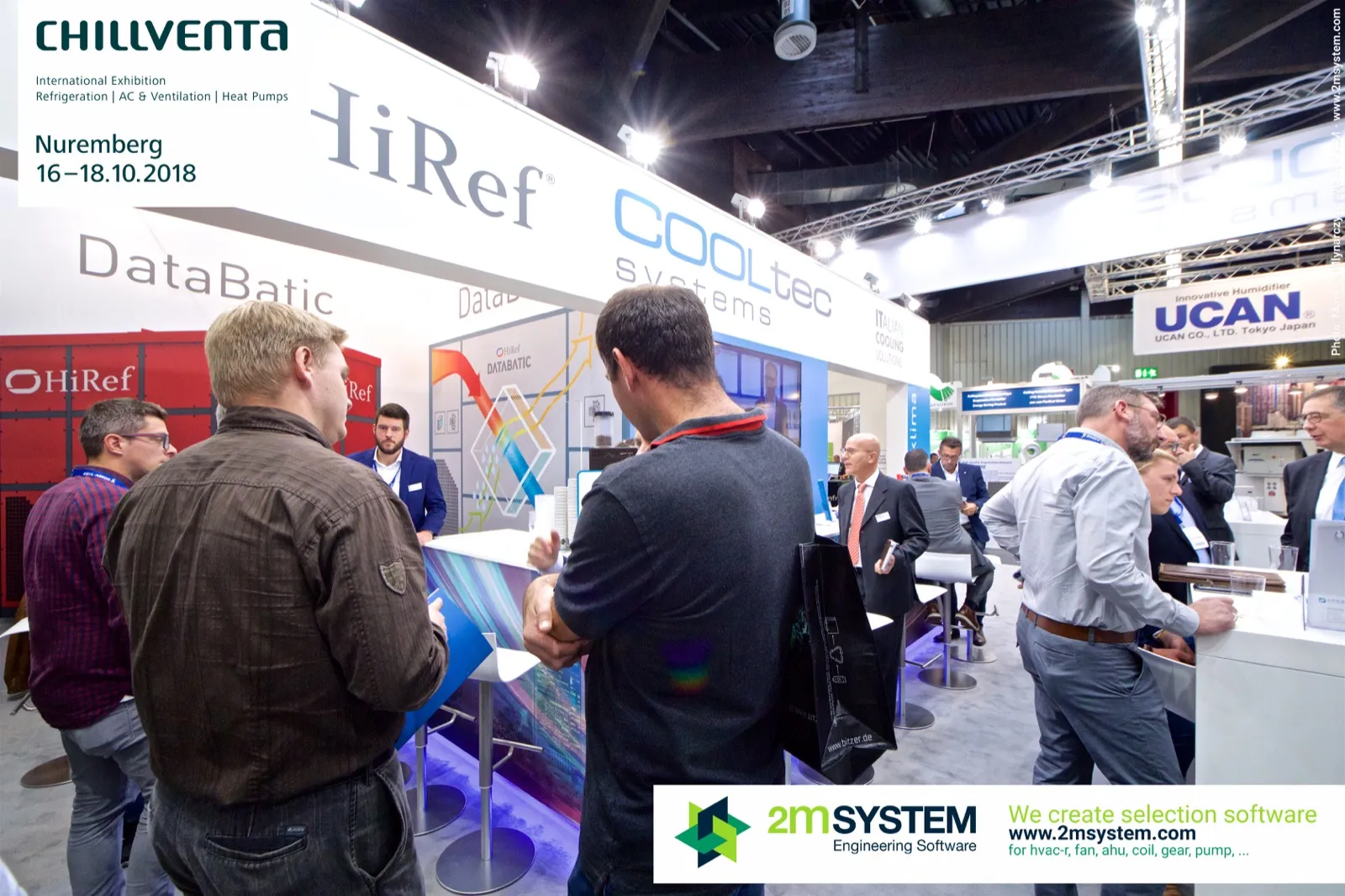 Visitors at the HiRef counter beside the DataBatic graphic at Chillventa 2018