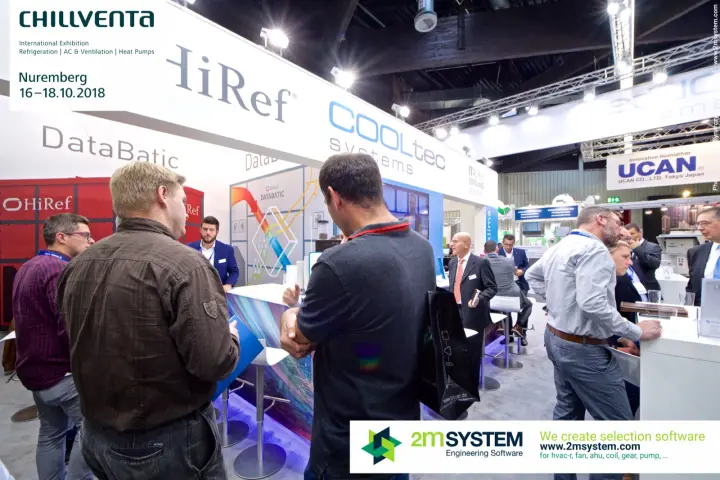 Visitors at the HiRef counter beside the DataBatic graphic at Chillventa 2018