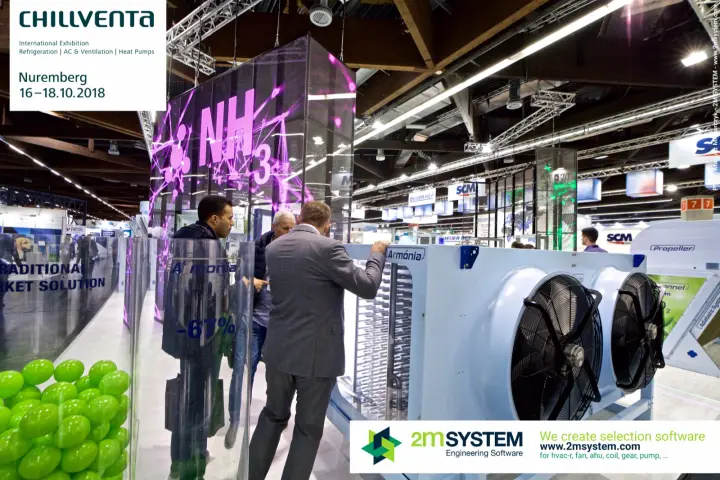 Visitors inspect an Armónia ammonia unit cooler under the NH3 LED display at Chillventa 2018