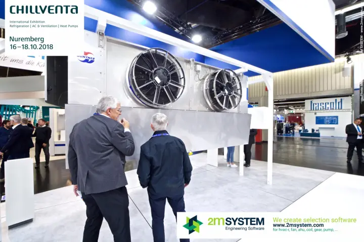 Visitors inspect a large Güntner air cooler with two axial fans at Chillventa 2018