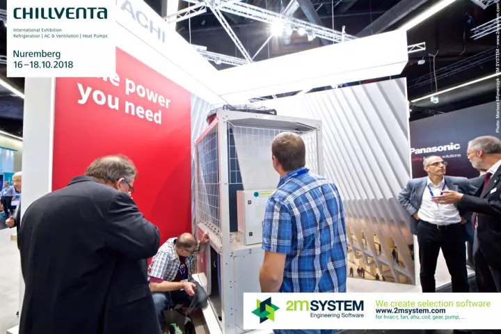 Visitors inspect a large Hitachi air-cooled unit by the red wall at Chillventa 2018