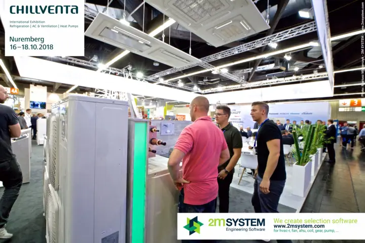 Visitors inspect outdoor units under suspended cassette units on Kaut stand