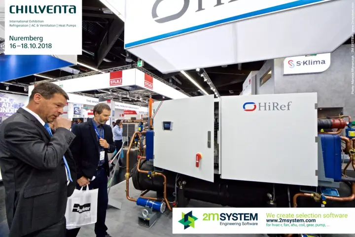 Visitors inspecting a HiRef chiller with an open cabinet door at Chillventa 2018